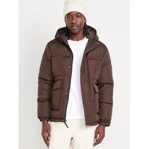 New Old Navy Men Brown Hooded Puffer Jacket Size XL Hip Length City Winter Coat